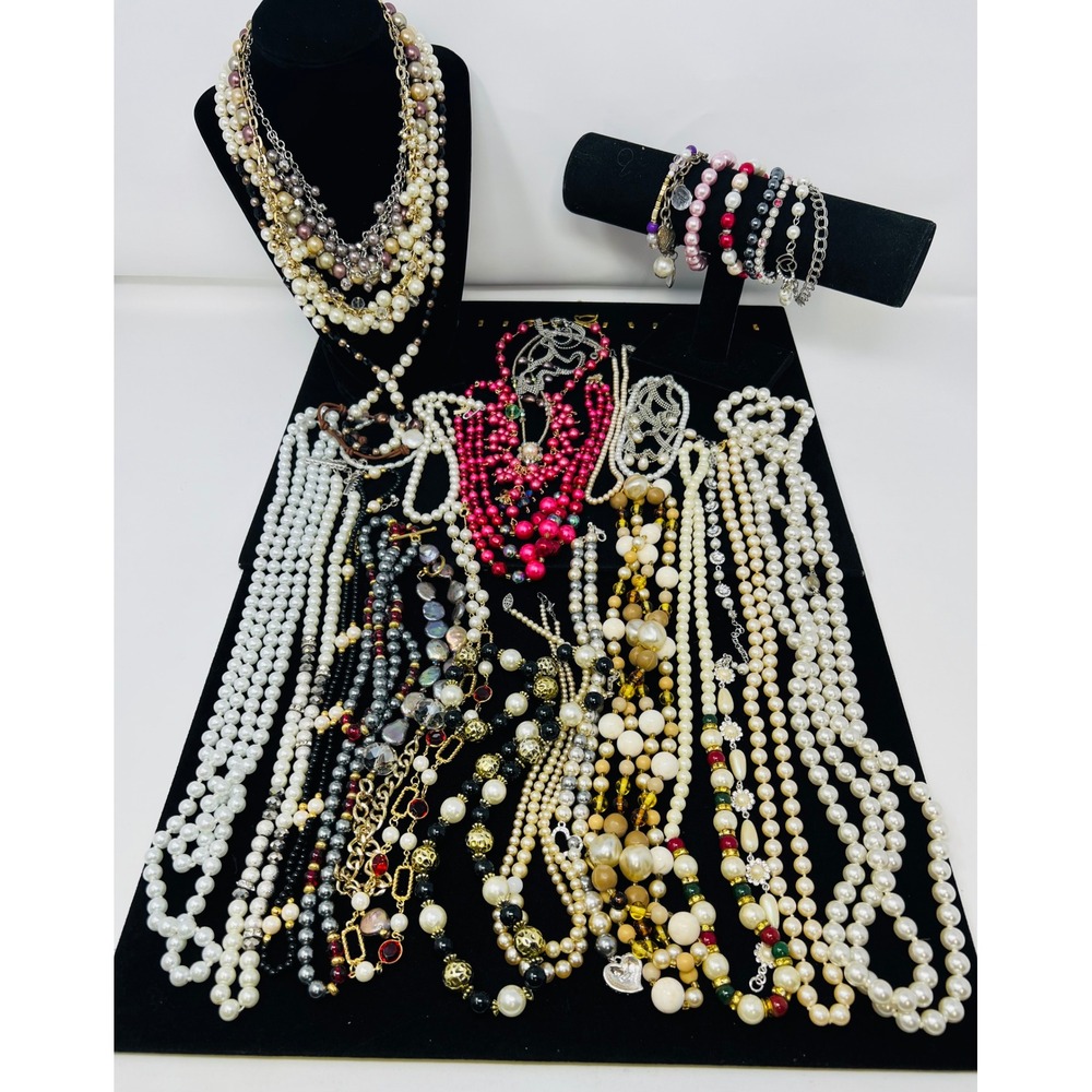 Vintage to Modern Pearl Necklace & Bracelet Gold & Silver Tone Beaded Lot of 20